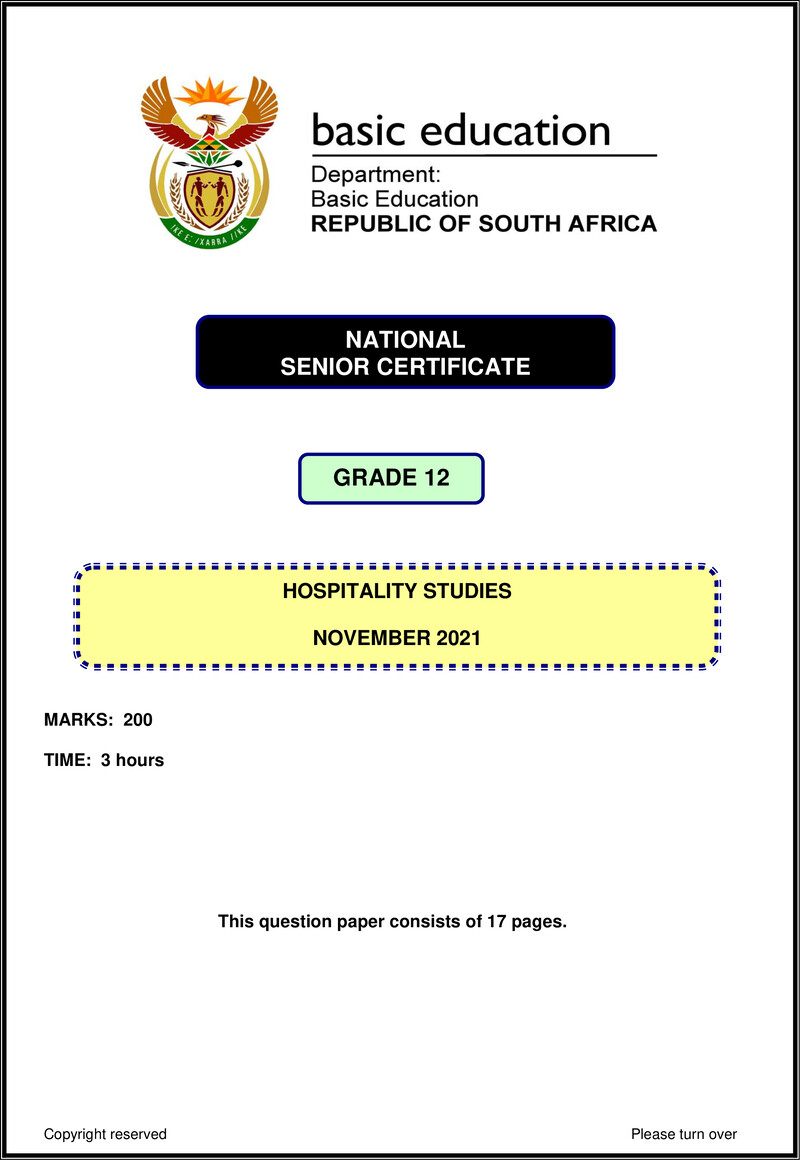 Hospitality Studies Nov 2021 Eng Gr12