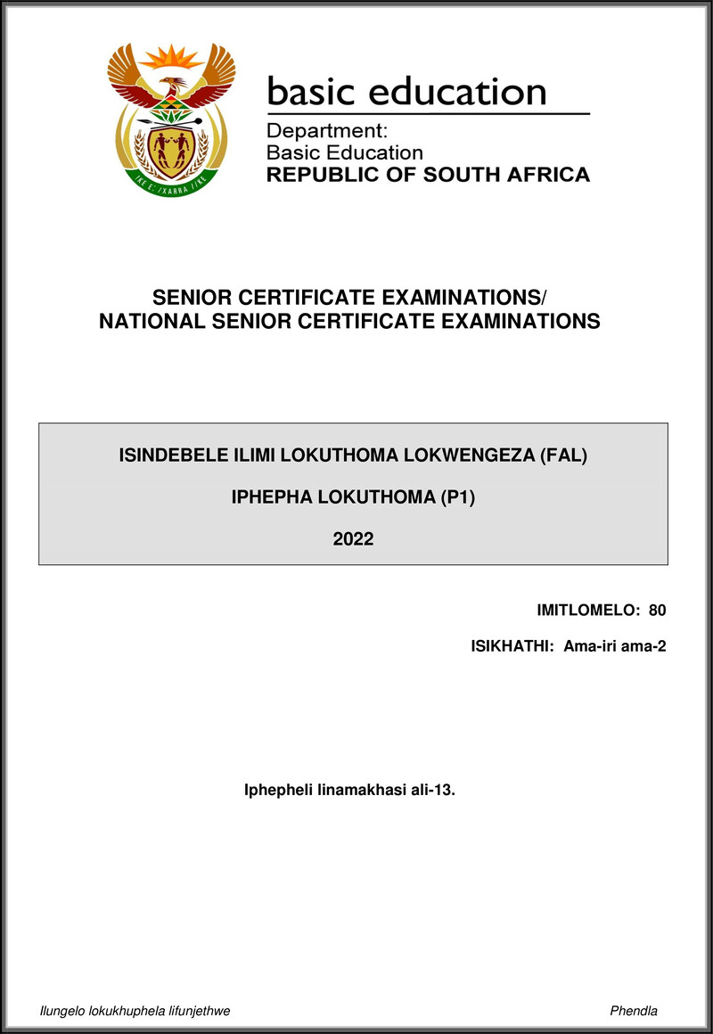 Isindebele Fal P1 May June 2022 Gr12