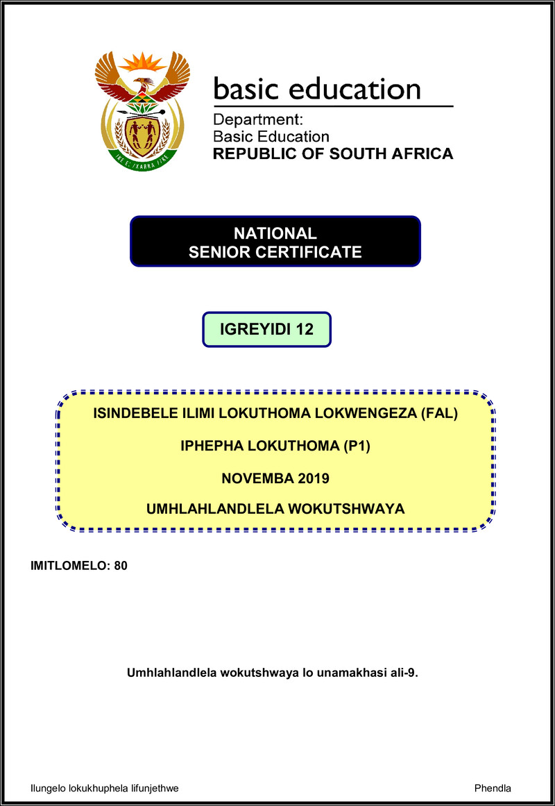 Isindebele Fal P1 Nov 2019 Memo Gr12