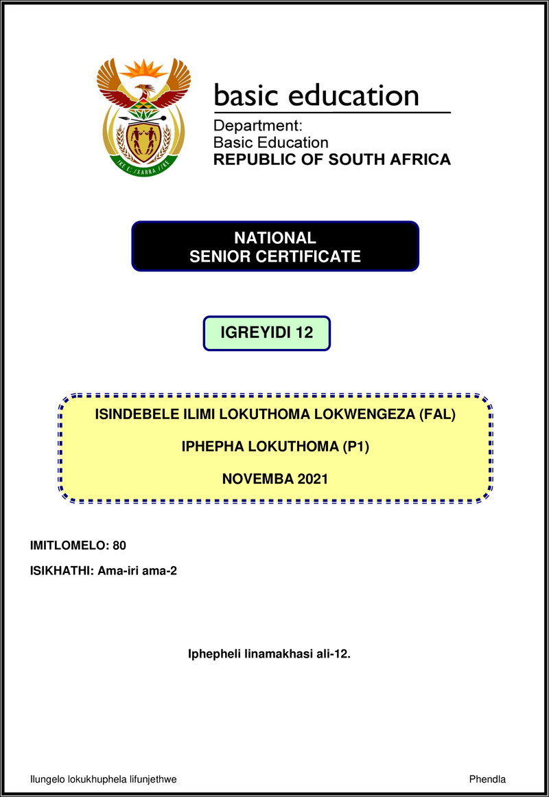 Isindebele Fal P1 Nov 2021 Gr12