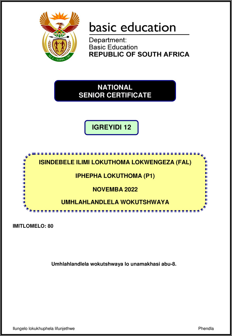 Isindebele Fal P1 Nov 2022 Mg Gr12