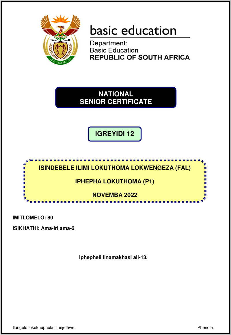 Isindebele Fal P1 Nov 2022 Gr12