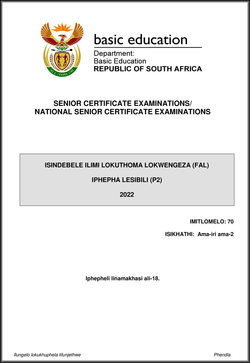 Isindebele Fal P2 May June 2022 Gr12