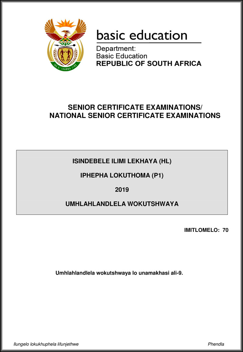 Isindebele Hl P1 May June 2019 Memo Gr12
