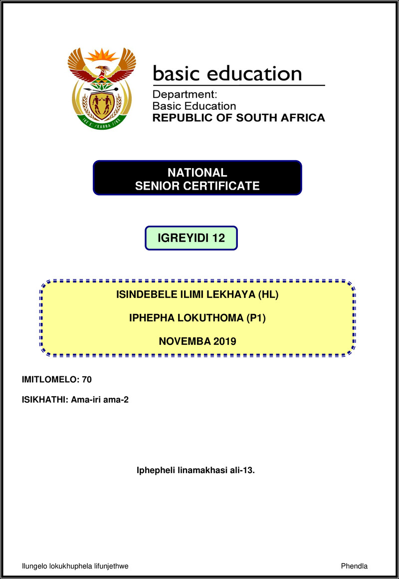 Grade 12 isiNdebele past paper 2019 – isindebele hl p1 nov 2019 gr12