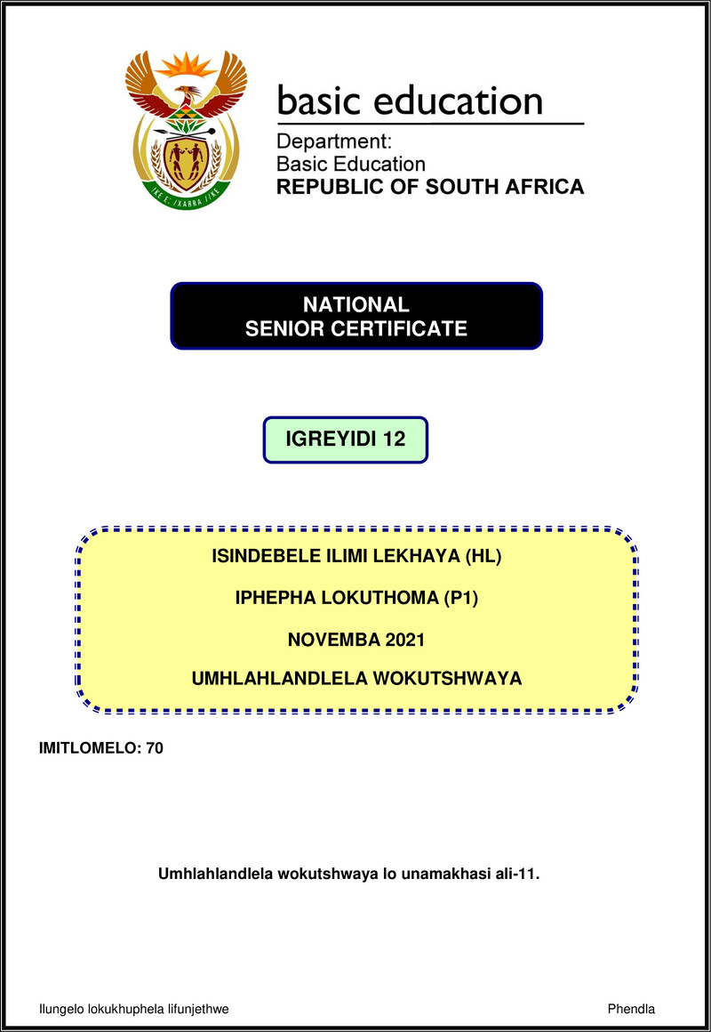 Grade 12 isiNdebele past paper 2021 – isindebele hl p1 nov 2021 mg gr12