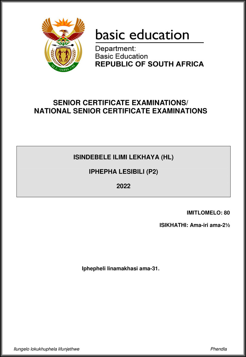Isindebele Hl P2 May June 2022 Gr12