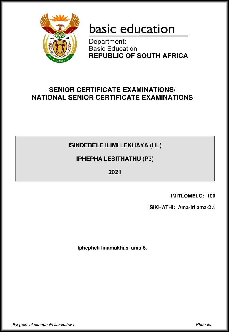 Isindebele Hl P3 May June 2021 Gr12