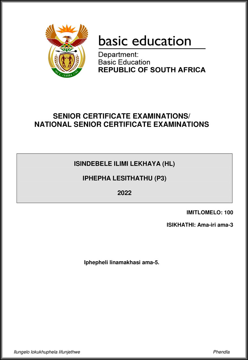 Isindebele Hl P3 May June 2022 Gr12