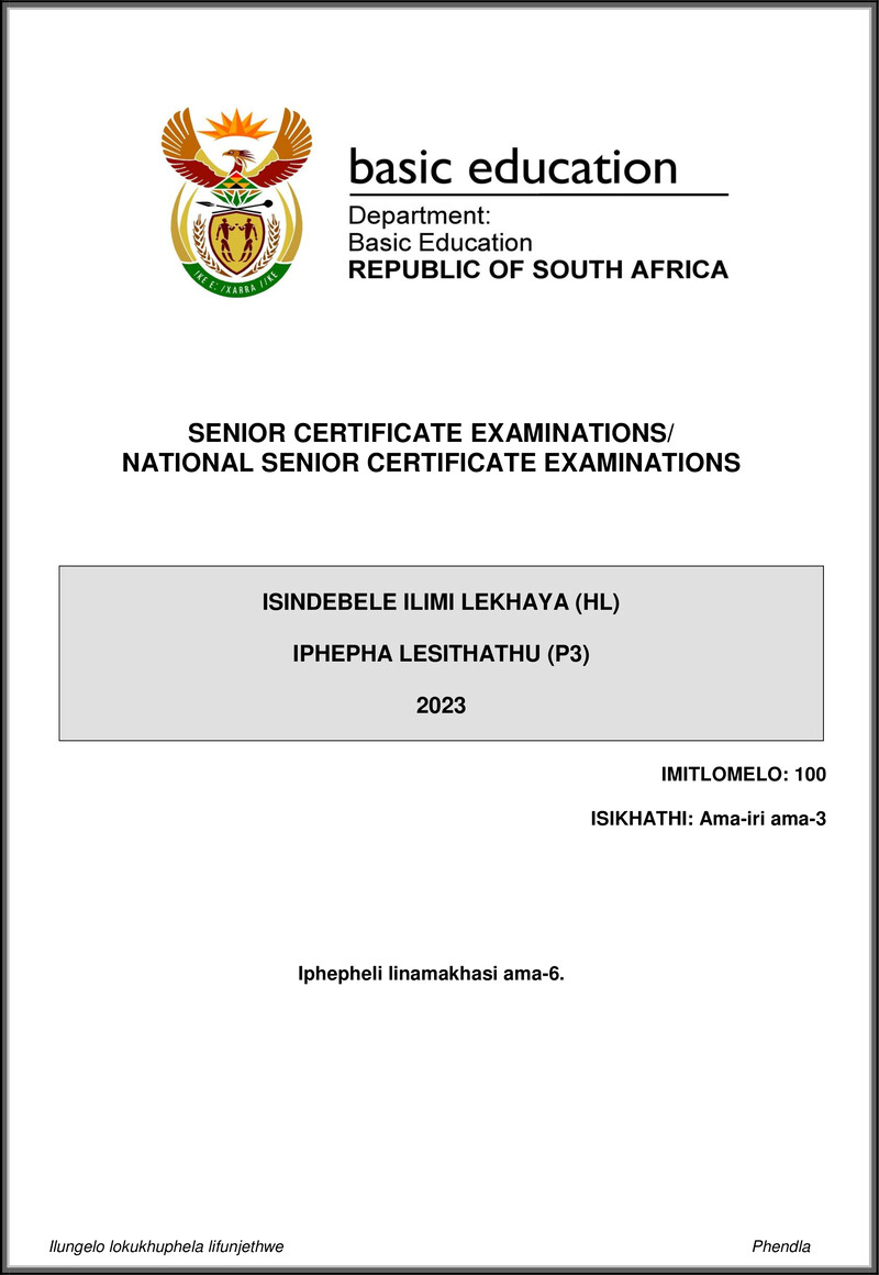 Isindebele Hl P3 May June 2023 Gr12