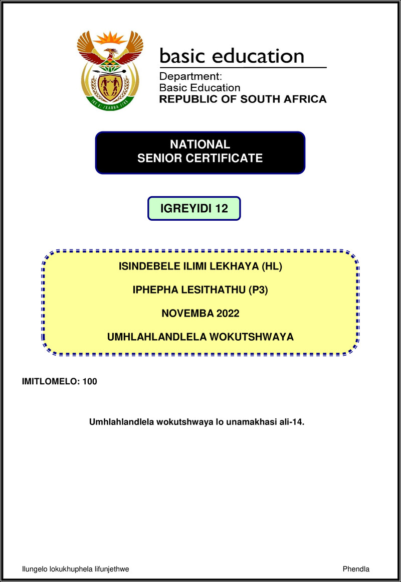 Grade 12 isiNdebele past paper 2022 – isindebele hl p3 nov 2022 mg gr12