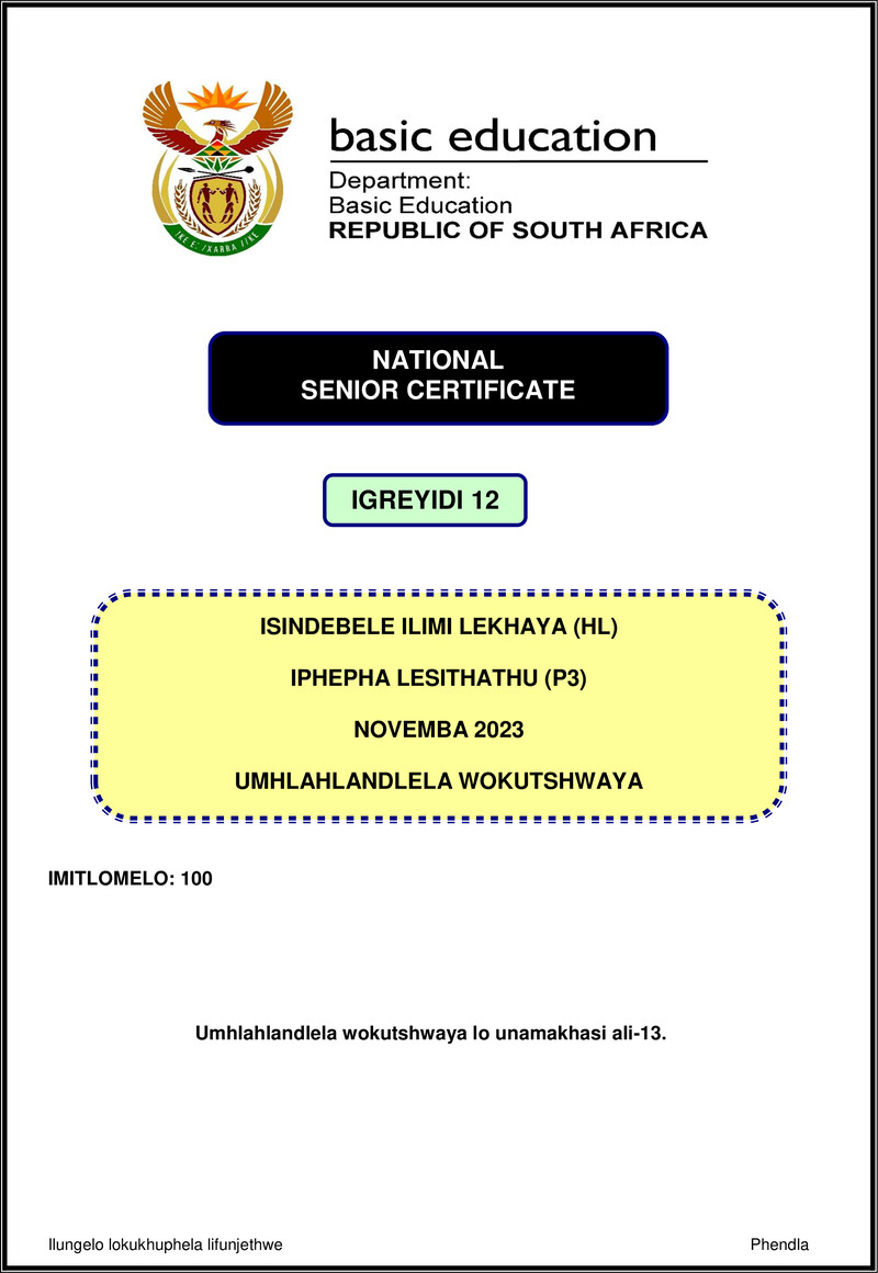 Isindebele Hl P3 Nov 2023 Mg Gr12