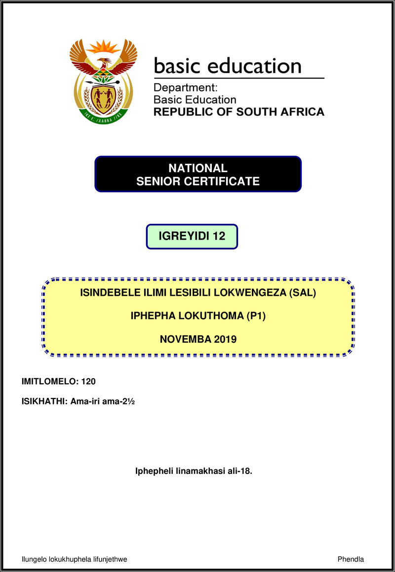 Isindebele Sal P1 Nov 2019 Gr12
