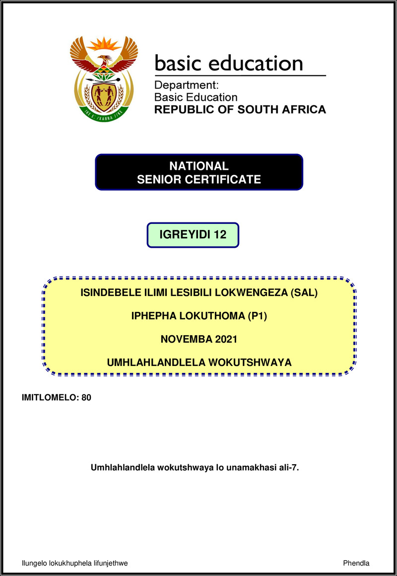 Isindebele Sal P1 Nov 2021 Mg Gr12