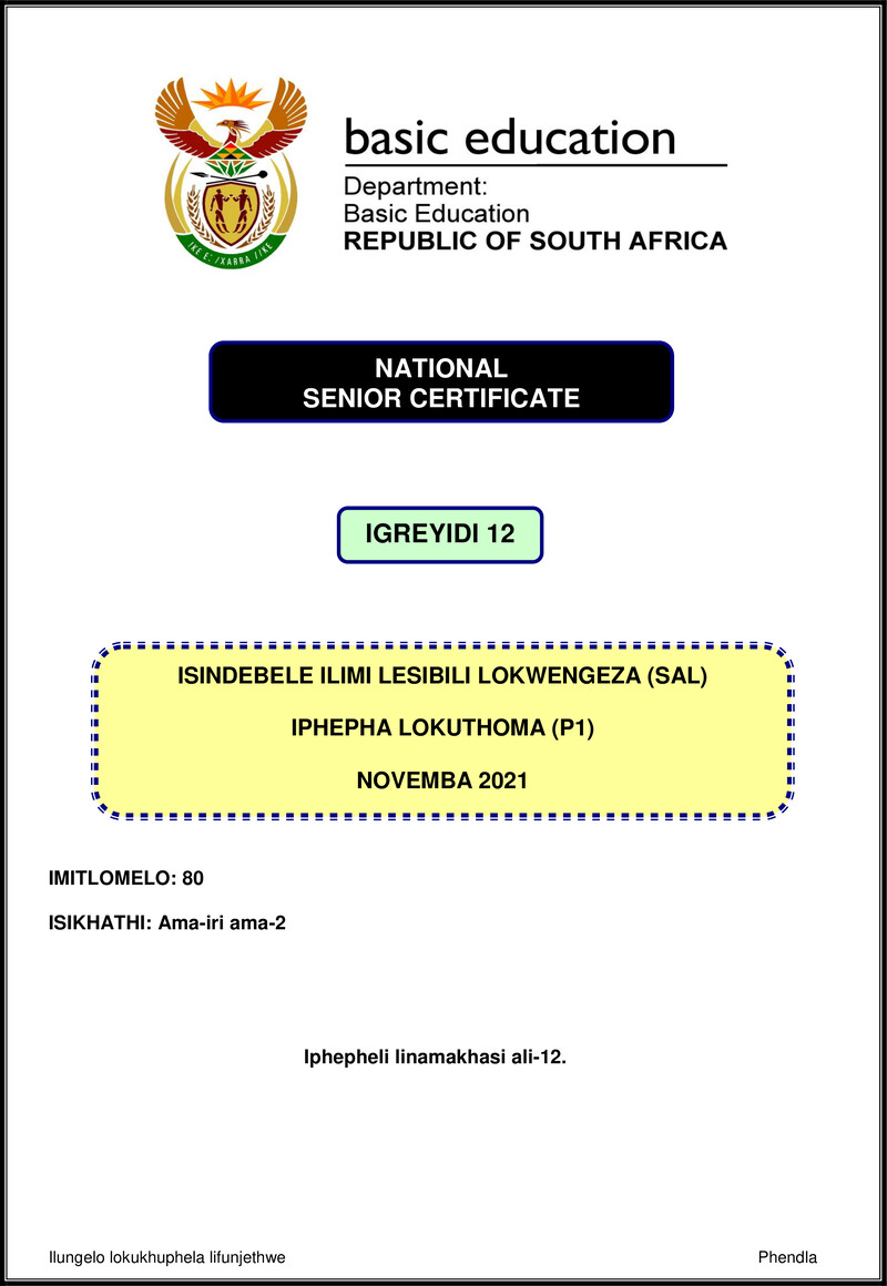 Grade 12 isiNdebele past paper 2021 – isindebele sal p1 nov 2021 gr12