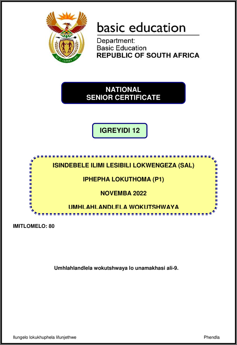 Isindebele Sal P1 Nov 2022 Mg Gr12