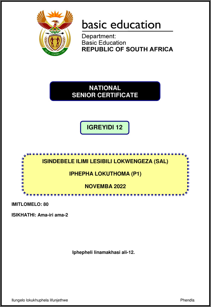 Isindebele Sal P1 Nov 2022 Gr12