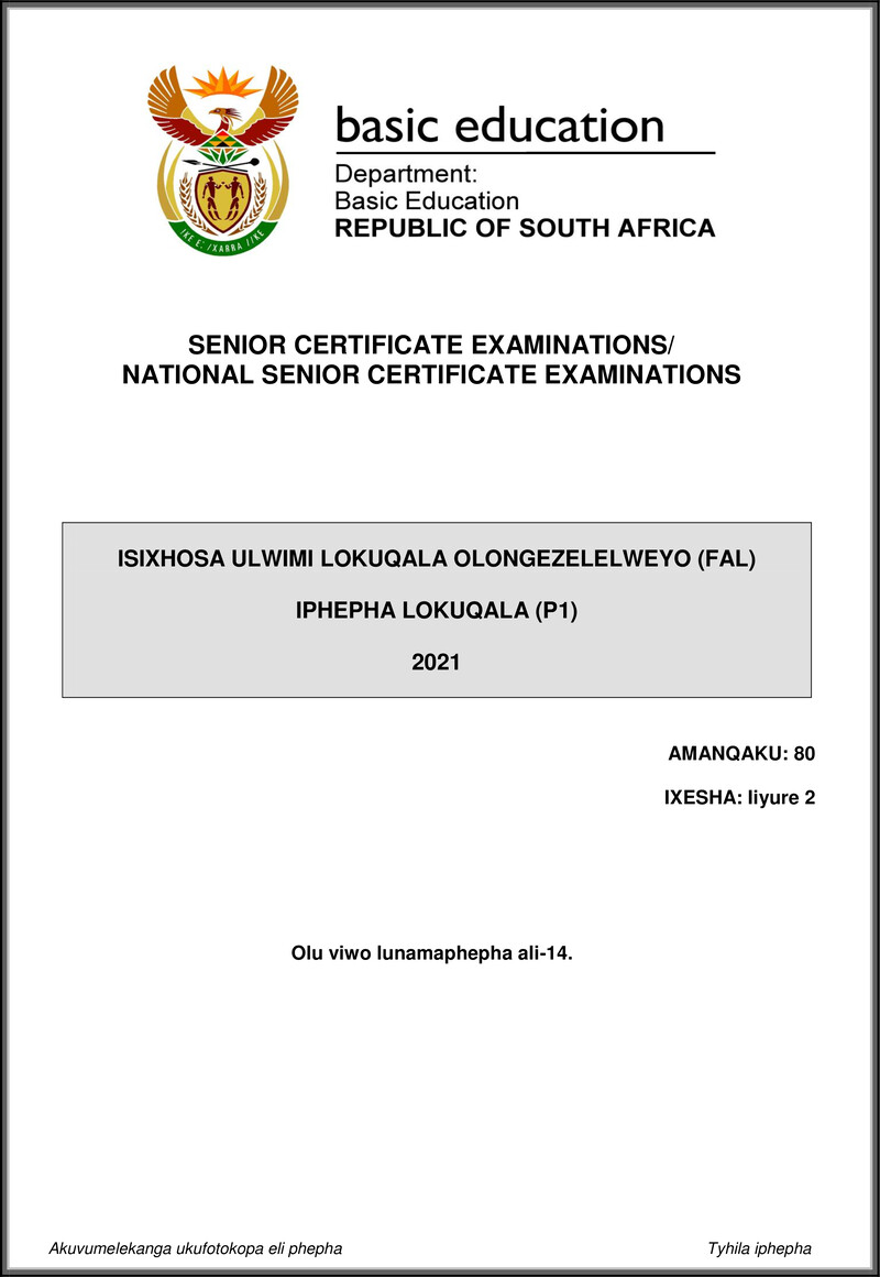 Isixhosa Fal P1 May June 2021 Gr12