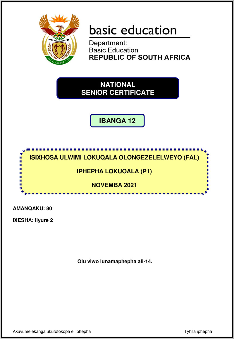 Isixhosa Fal P1 Nov 2021 Gr12