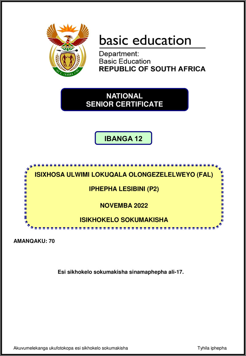 Isixhosa Fal P2 Nov 2022 Mg Gr12