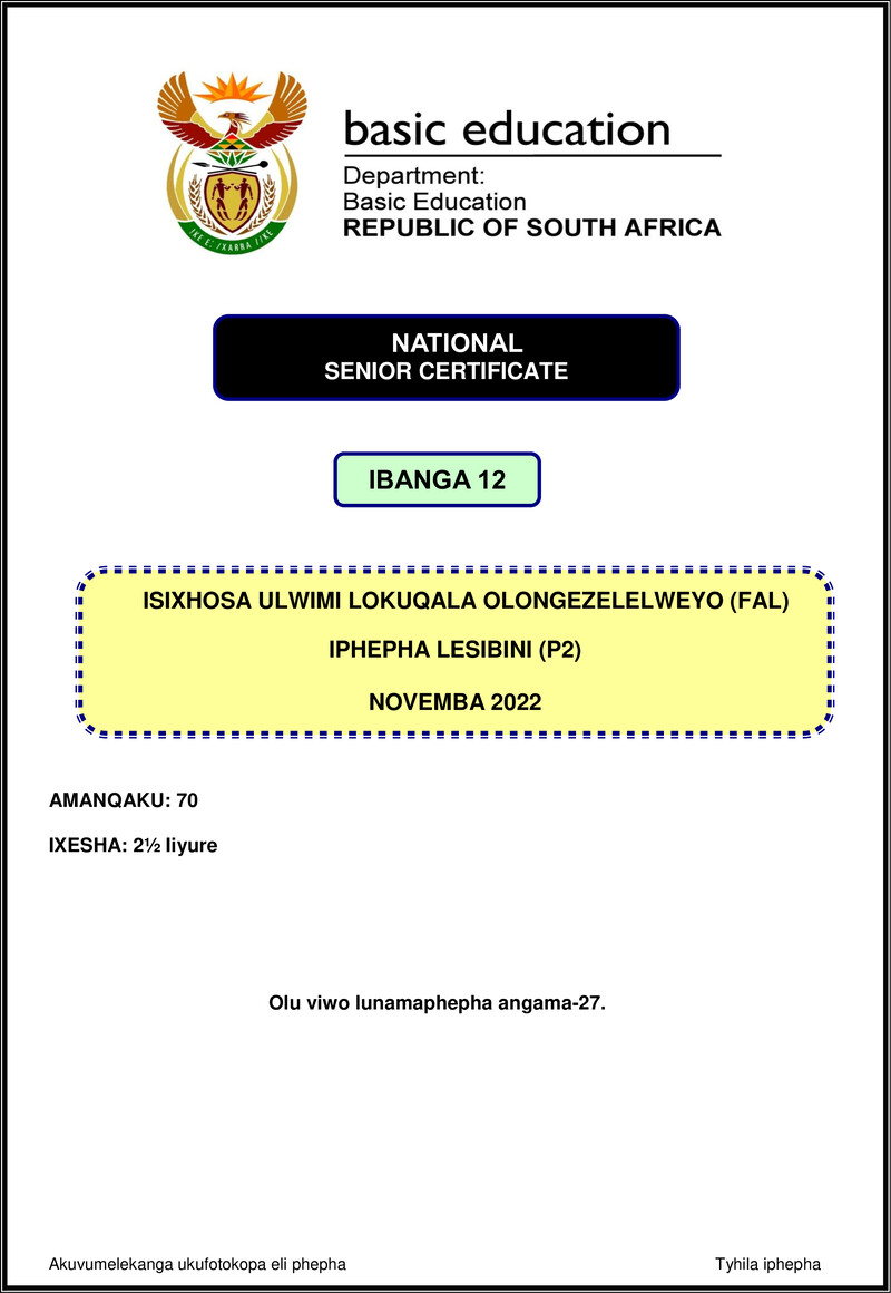 Isixhosa Fal P2 Nov 2022 Gr12