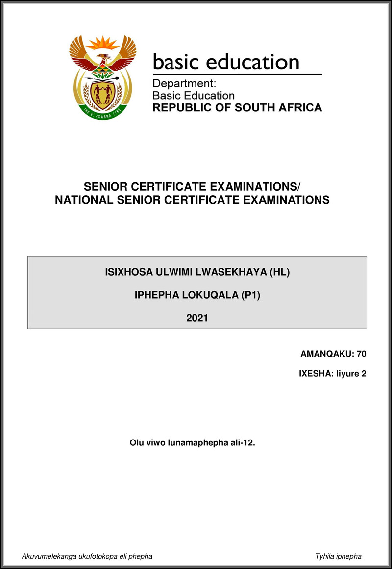 Isixhosa Hl P1 May June 2021 Gr12