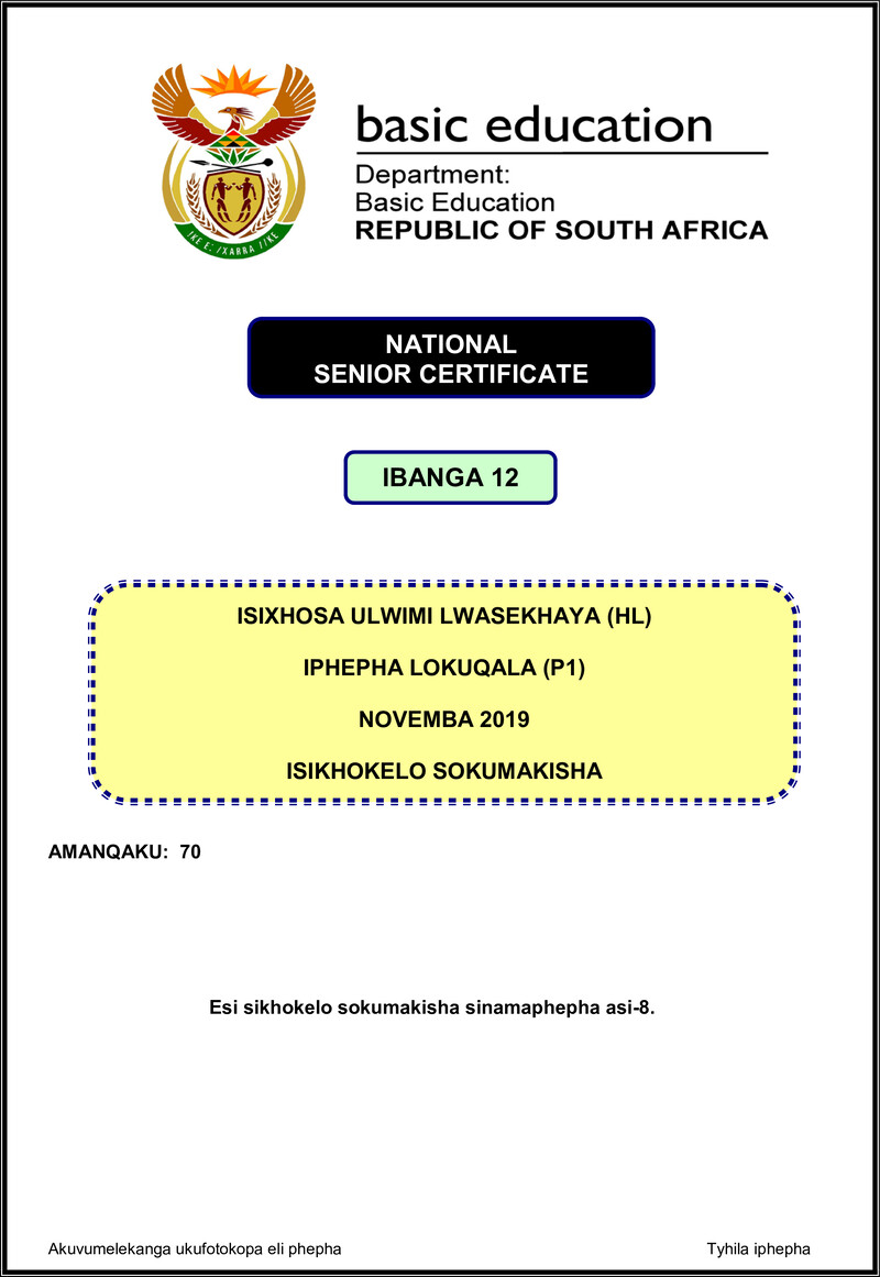 Isixhosa Hl P1 Nov 2019 Memo Gr12