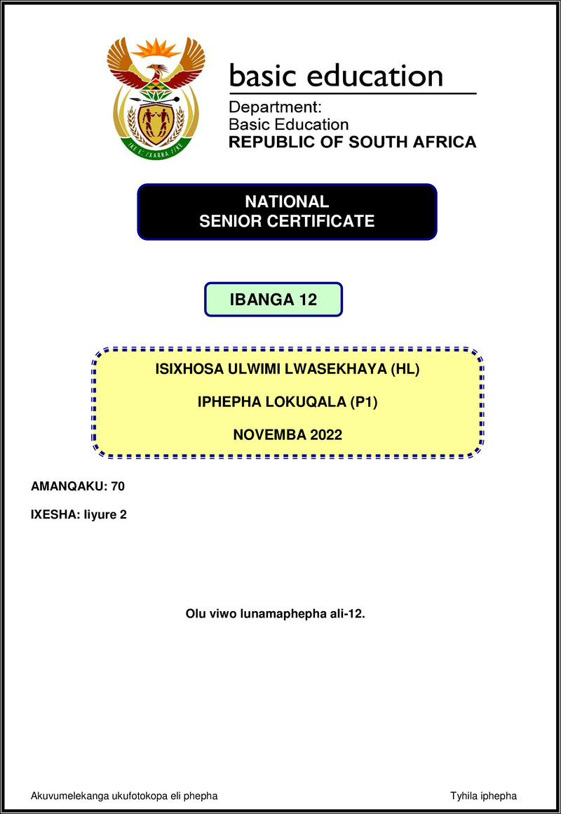 Isixhosa Hl P1 Nov 2022 Gr12