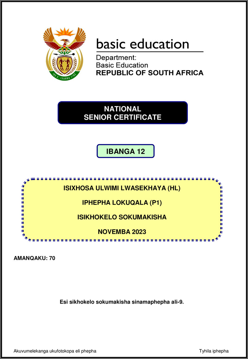 Grade 12 isiXhosa past paper 2023 – isixhosa hl p1 nov 2023 mg gr12
