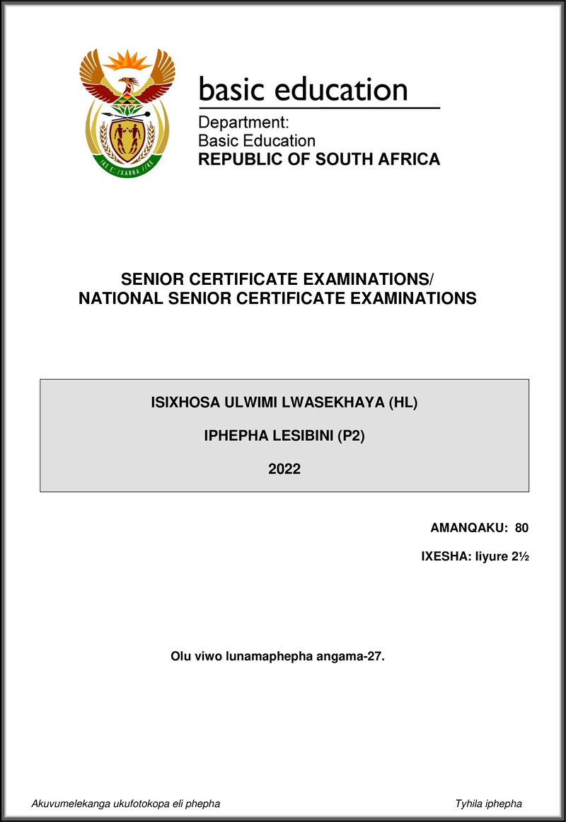 Isixhosa Hl P2 May June 2022 Gr12
