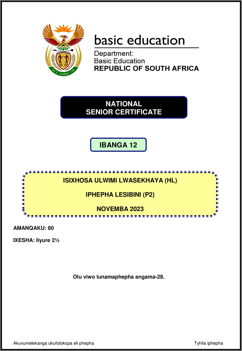 Grade 12 isiXhosa past paper 2023 – isixhosa hl p2 nov 2023 gr12
