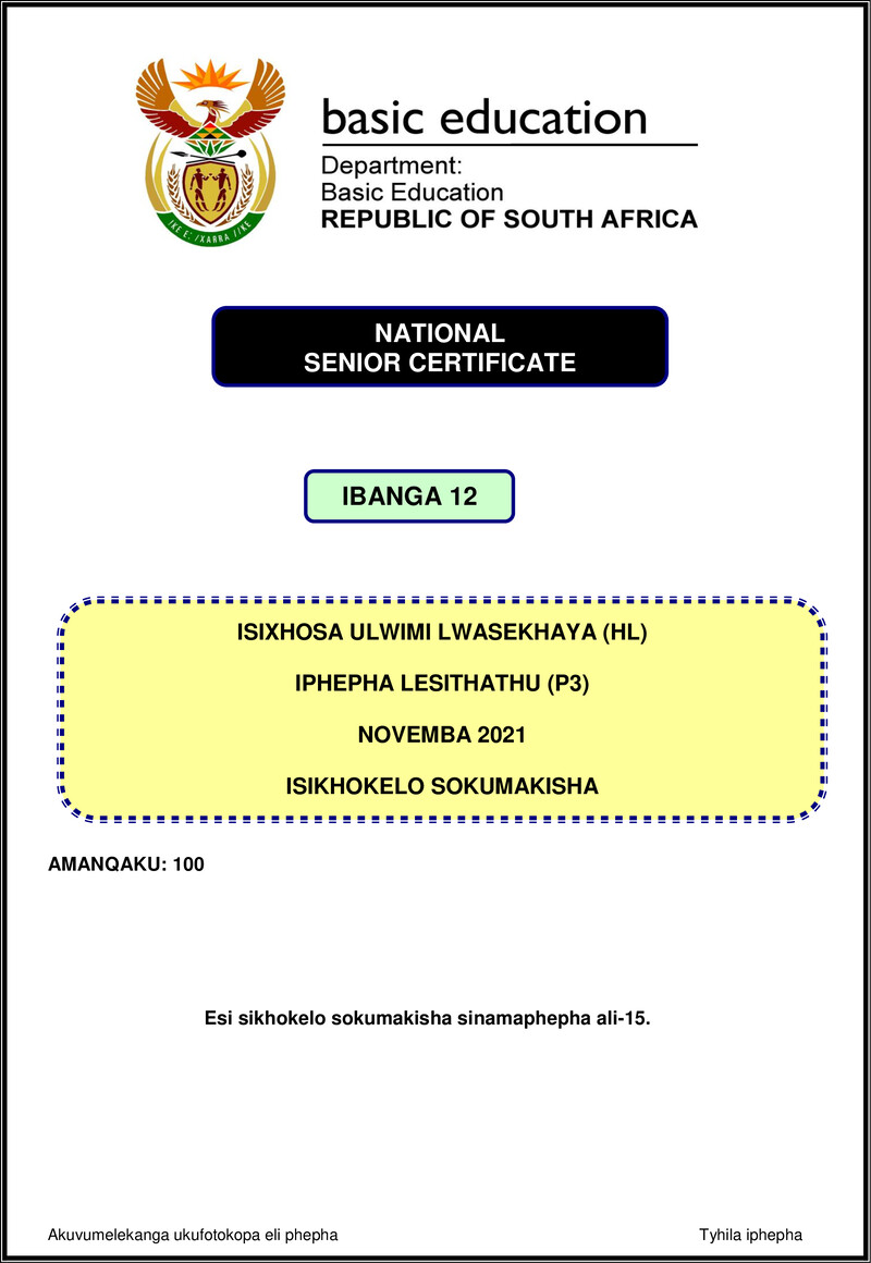 Isixhosa Hl P3 Nov 2021 Mg Gr12