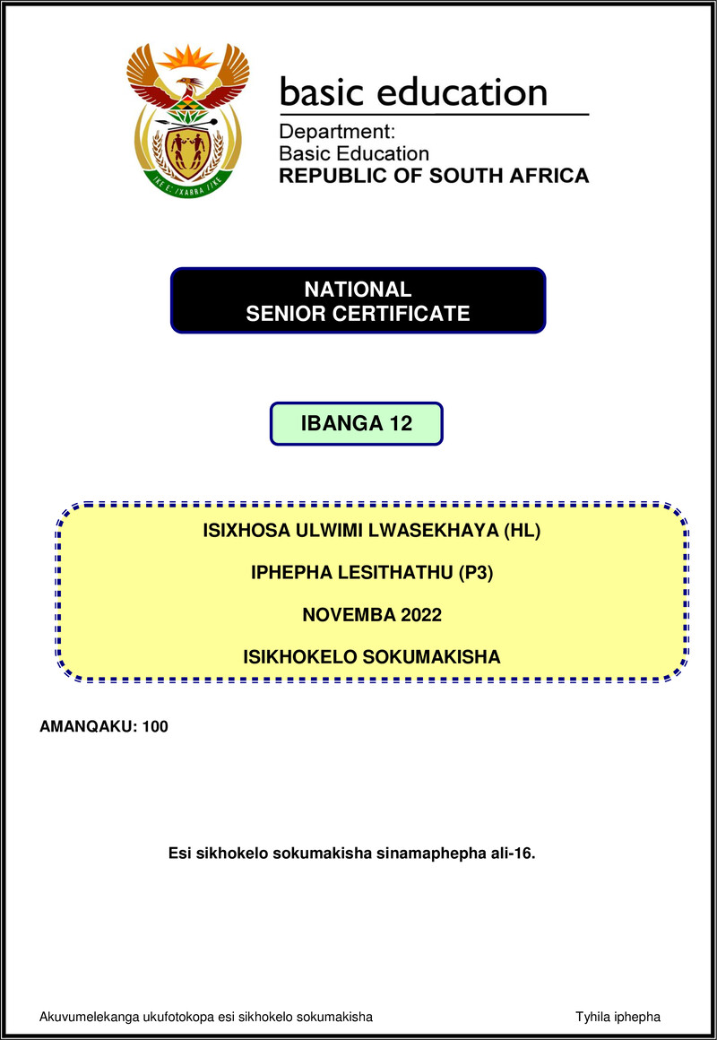 Isixhosa Hl P3 Nov 2022 Mg Gr12