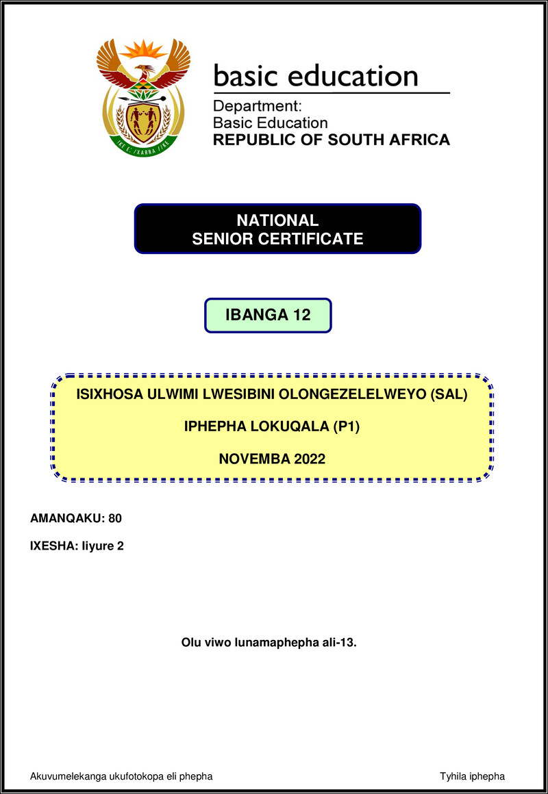 Grade 12 isiXhosa past paper 2022 – isixhosa sal p1 nov 2022 gr12
