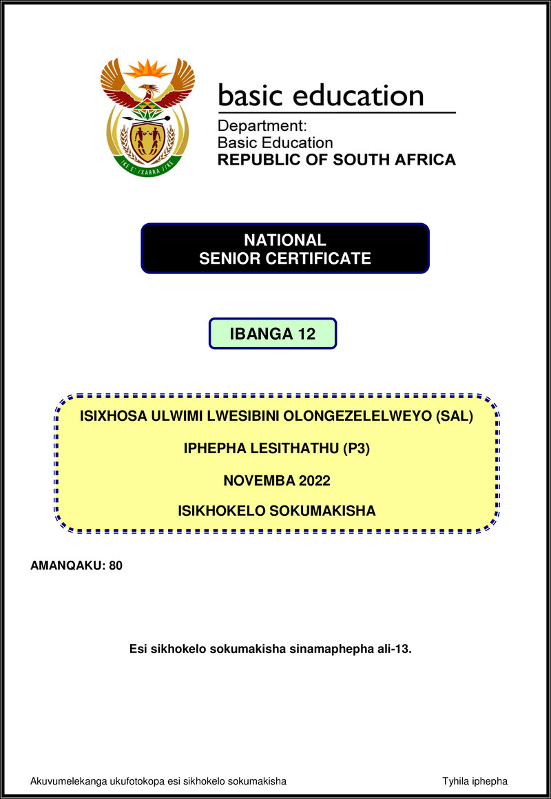 Grade 12 isiXhosa past paper 2022 – isixhosa sal p3 nov 2022 mg gr12