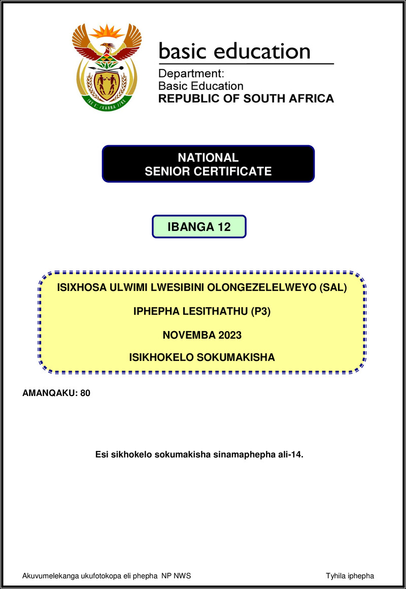 Grade 12 isiXhosa past paper 2023 – isixhosa sal p3 nov 2023 mg gr12