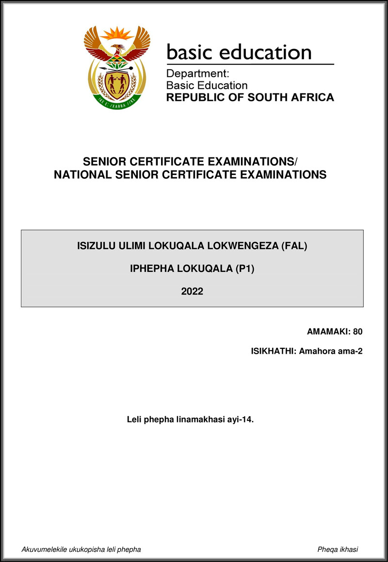 Isizulu Fal P1 May June 2022 Gr12