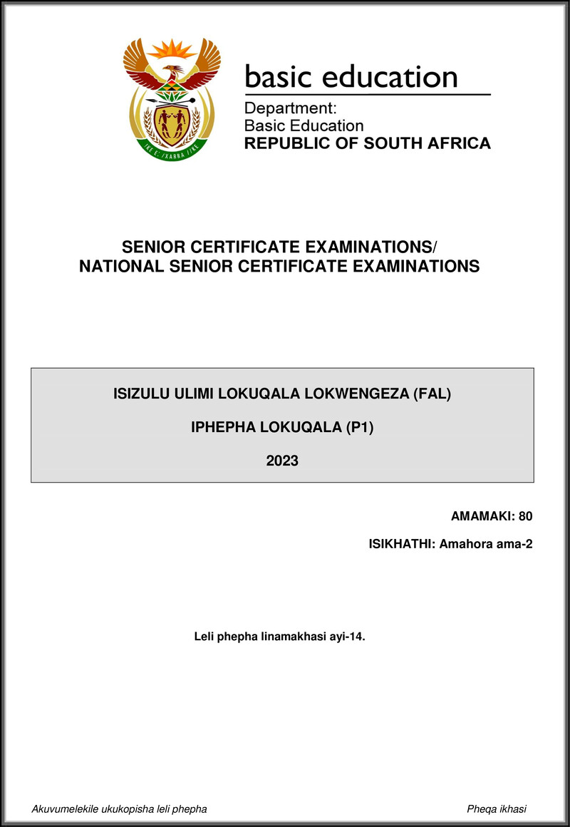 Isizulu Fal P1 May June 2023 Gr12