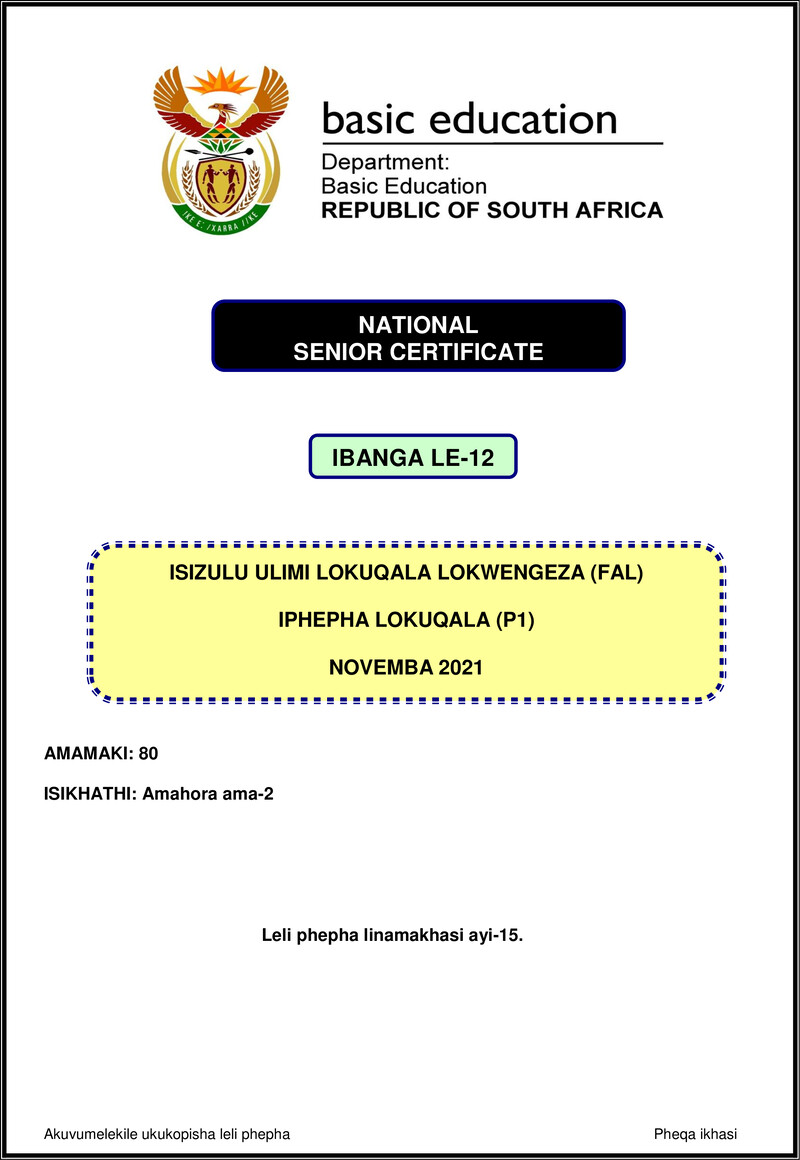 Isizulu Fal P1 Nov 2021 Gr12
