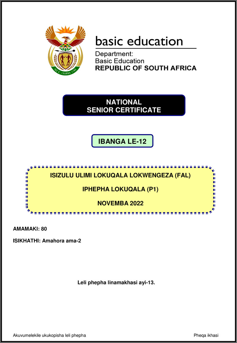Isizulu Fal P1 Nov 2022 Gr12