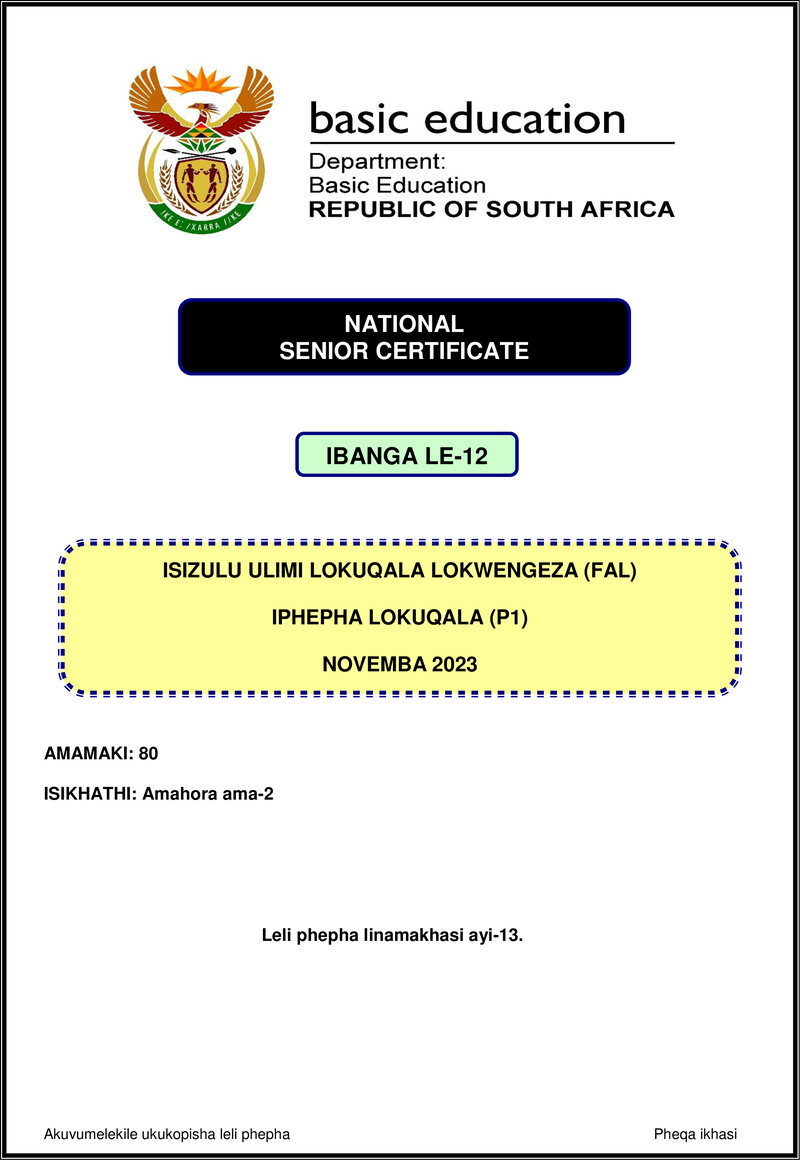 Isizulu Fal P1 Nov 2023 Gr12