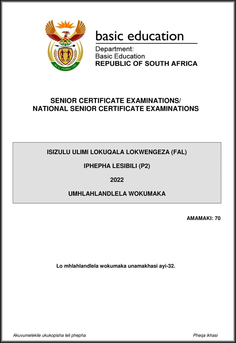 Isizulu Fal P2 May June 2022 Mg Gr12