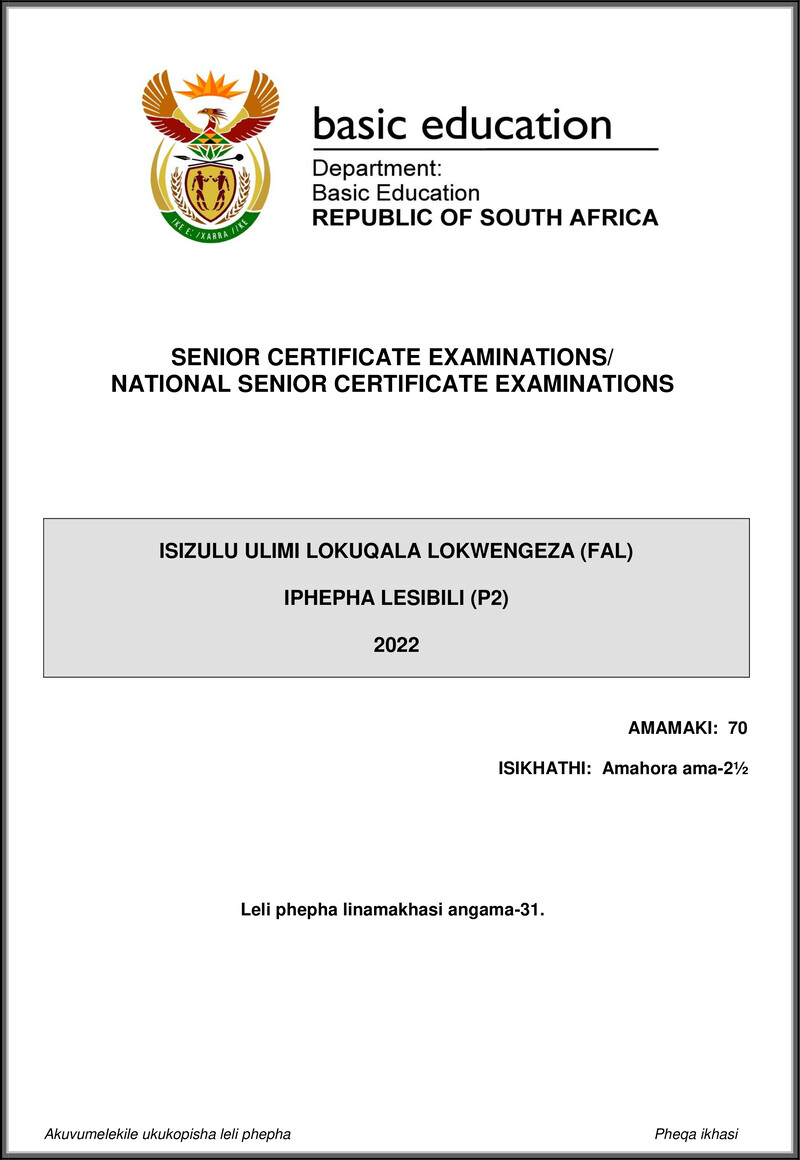 Isizulu Fal P2 May June 2022 Gr12