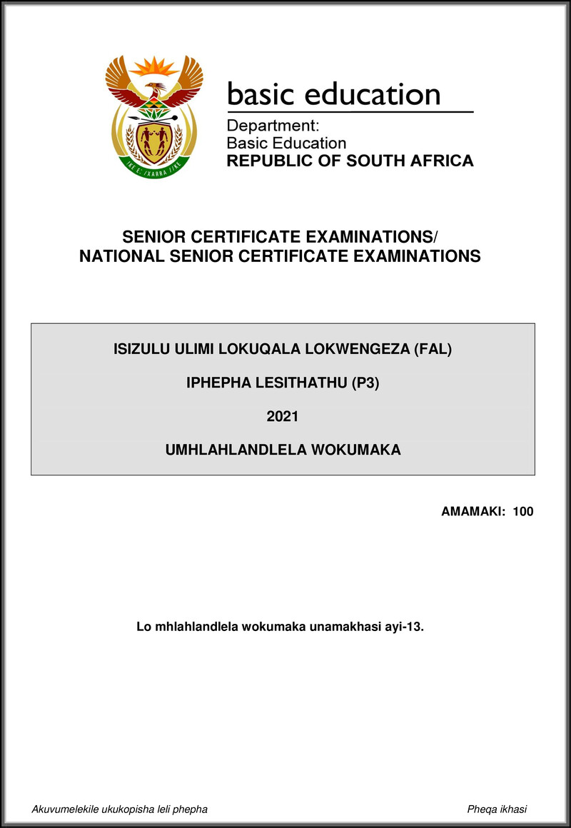 Isizulu Fal P3 May June 2021 Mg Gr12