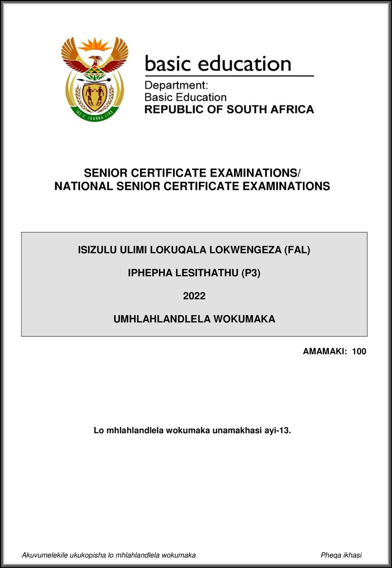 Isizulu Fal P3 May June 2022 Mg Gr12