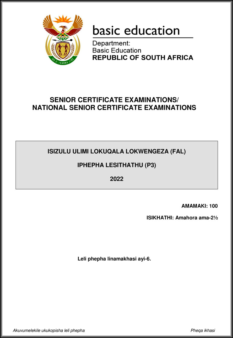 Isizulu Fal P3 May June 2022 Gr12