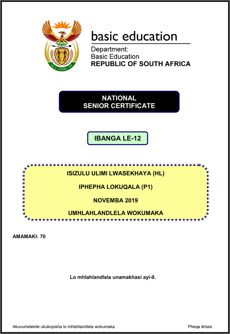 Isizulu Hl P1 Nov 2019 Memo Gr12