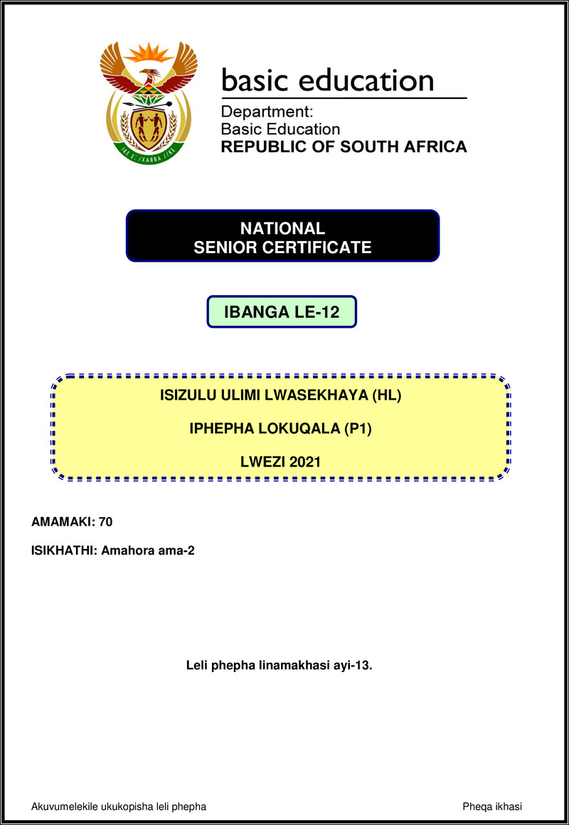 Isizulu Hl P1 Nov 2021 Gr12