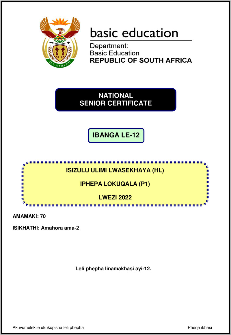Isizulu Hl P1 Nov 2022 Gr12