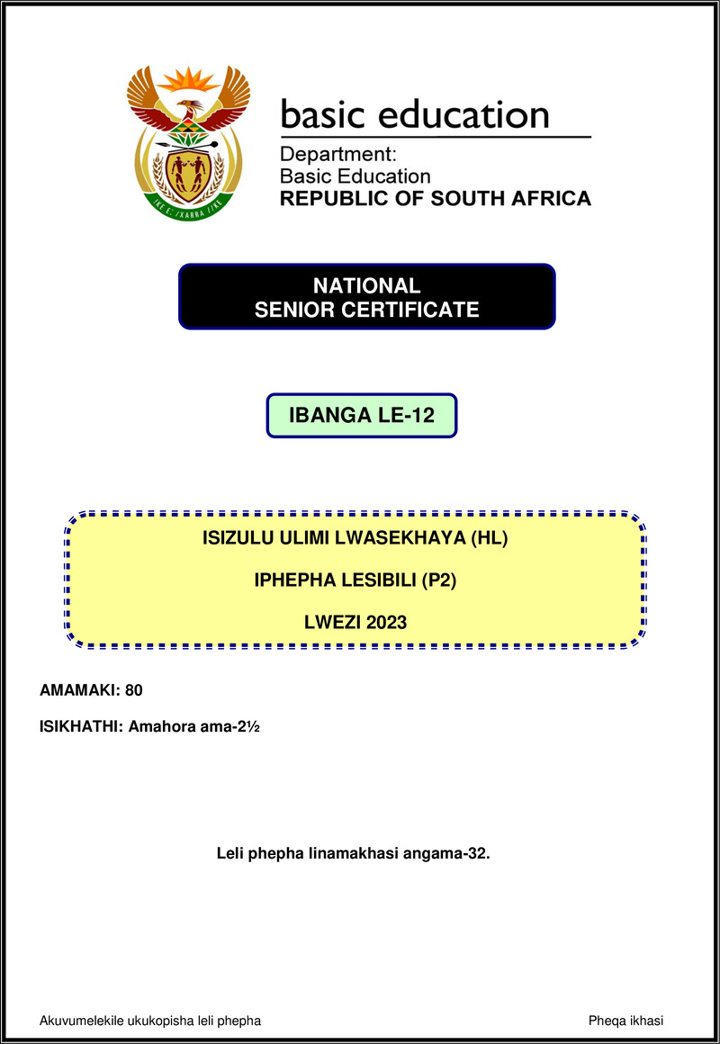 Isizulu Hl P2 Nov 2023 Gr12
